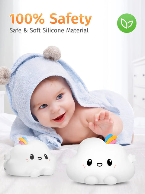 Baby playing with LED Cloud Night Light With 16 Color Options Silicone Cloud Lamp, showcasing safe soft silicone material.