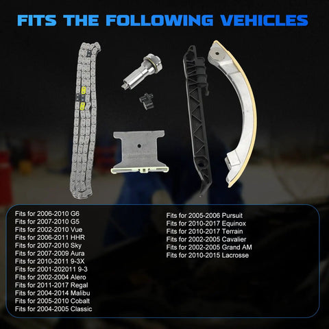 Engine Timing Chain Kit Fits GM Rides 2.0L 2.2L 2.4L For Regal Verano Equinox Terrain LaCrosse Malibu HHR Cobalt G5 G6 Sky Solstice Replacement OE 12680750 94201SX with components