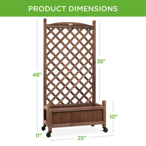 Pair Of 48 Inch Walnut Wood Planter Boxes With Diamond Lattice Trellis Mobile Outdoor Raised Garden Beds For Climbing Plants