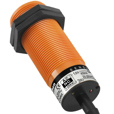 Front view of SZC M30 Capacitive Proximity Sensor Switch 20AC 20 To 250 VAC 400mA Normally Closed 2 Wire, orange housing.
