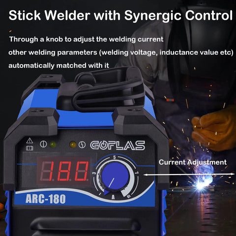 Close-up of 180 Amp Stick Arc Welder Dual Voltage 110 220 Volt Inverter Welder with control panel and welding spark