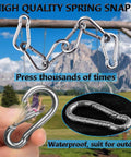 Collage of Eight Pack Of 304 Stainless Steel Spring Snap Hooks used in outdoor settings with detailed views of snap hooks.