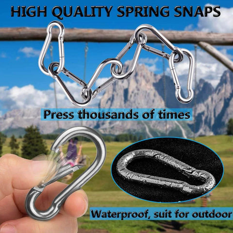 Collage of Eight Pack Of 304 Stainless Steel Spring Snap Hooks used in outdoor settings with detailed views of snap hooks.