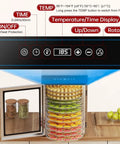 Kickstart Your Snack Game With This Whisper Quiet Electric Food Dehydrator Featuring 360 Rotating Trays Digital Timer And Glass Window For Flawless Jerky Fruit And Veggie Drying At Home, showing control panel and transparent door.