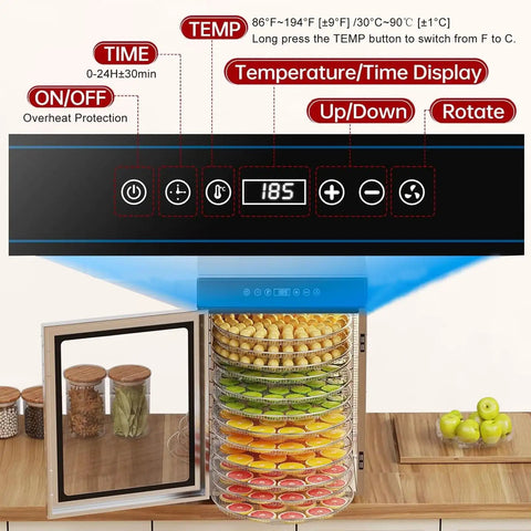 Kickstart Your Snack Game With This Whisper Quiet Electric Food Dehydrator Featuring 360 Rotating Trays Digital Timer And Glass Window For Flawless Jerky Fruit And Veggie Drying At Home, showing control panel and transparent door.