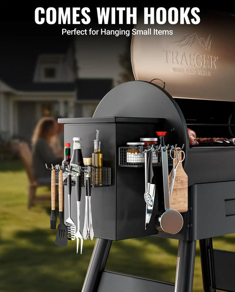 Magnetic Storage Bin For Grills And Pellet Smokers, Heavy Duty Magnetic Organizer snapped onto Traeger grill hopper holding tools and sauces