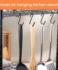 18 Pack 4 Inch Heavy Duty S Hooks For Oval Ceiling Pot Rack And Kitchen Organization Durable Hangers For Pans Pots Utensils Spoons Towels Bags Clothes Plants Black hanging utensils on shelf.