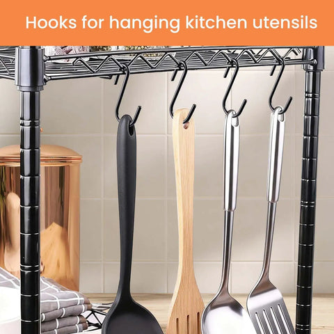 18 Pack 4 Inch Heavy Duty S Hooks For Oval Ceiling Pot Rack And Kitchen Organization Durable Hangers For Pans Pots Utensils Spoons Towels Bags Clothes Plants Black hanging utensils on shelf.