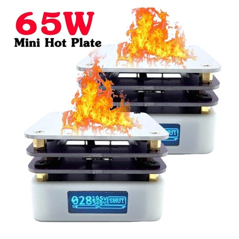 65W Mini Hot Plate SMD Preheater Soldering Desoldering Rework Station with digital display and heating flames effect.