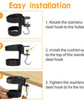 Heavy Duty Desk Cup Holder With Secure Clip For Tumbler And Mug Keep Your Brew Locked Tight And No Mess On Any Workspace Game Changer For Daily Grind Office Setup installation steps showing stainless steel hook and holder.