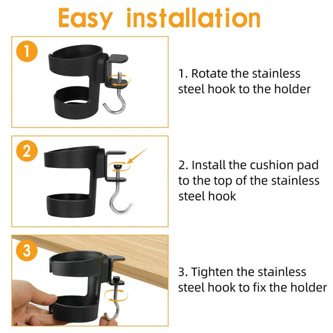 Heavy Duty Desk Cup Holder With Secure Clip For Tumbler And Mug Keep Your Brew Locked Tight And No Mess On Any Workspace Game Changer For Daily Grind Office Setup installation steps showing stainless steel hook and holder.