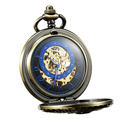 Dope Mechanical Pocket Watch With Skeleton Sun And Moon Dial Bronze Case Chain And Box Included Vintage Cosmos Design For Men And Women Elegant Timepiece For Everyday Wear