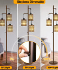 Dimmable Industrial Floor Lamp with Oil Rubbed Bronze Finish showcasing stepless dimmer control and LED bulbs at various brightness levels.