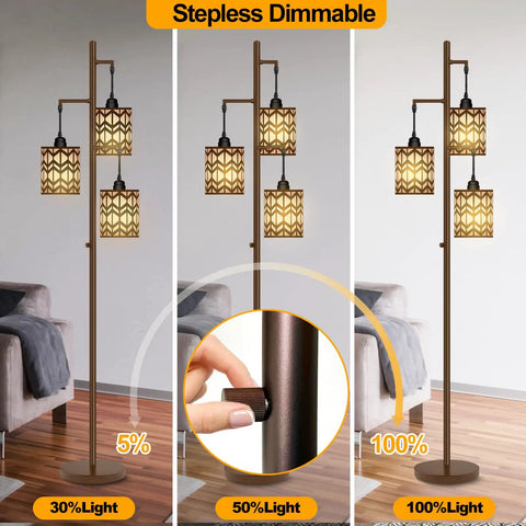 Dimmable Industrial Floor Lamp with Oil Rubbed Bronze Finish showcasing stepless dimmer control and LED bulbs at various brightness levels.