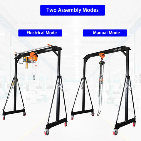 Heavy Duty Gantry Crane 2000 Lbs Portable Electric Hoist And Trolley With Remote shown in electrical and manual modes