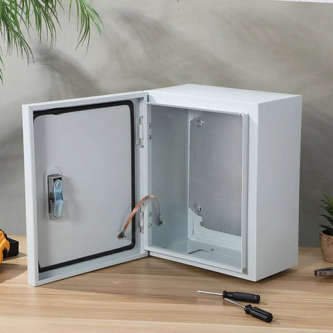 Open Outdoor Waterproof Stainless Steel Electrical Junction Box 250x300x140mm on a table, showing interior compartments.