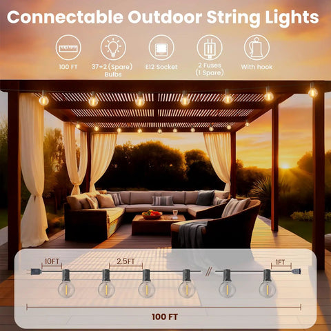 100 Ft Outdoor String Lights With Waterproof G40 Shatterproof LED Bulbs Dimmable and Connectable Globe Lighting on patio