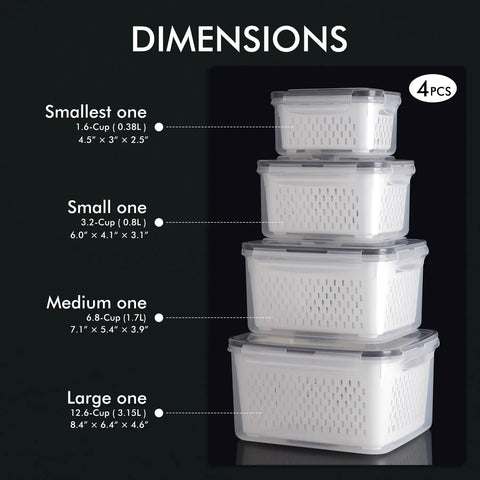 Set of four pack large fridge storage containers with leakproof lids, removable colander, BPA free, 3.15 liter capacity.