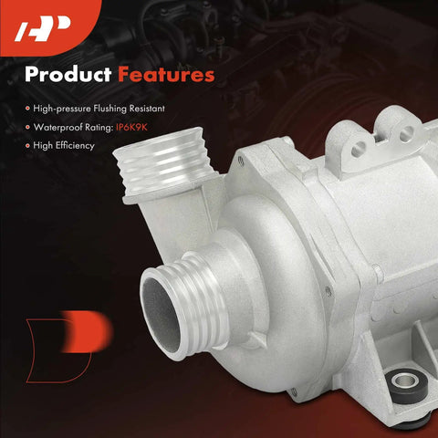 Heavy Duty Electric Water Pump For BMW Sedans And Coupes Top Tier Cooling System Upgrade showing aluminum body and fittings.