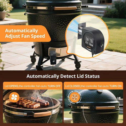 Image of 5G WiFi And Bluetooth BBQ Temperature Controller For Ceramic Grills with automatic fan and lid status detector shown.