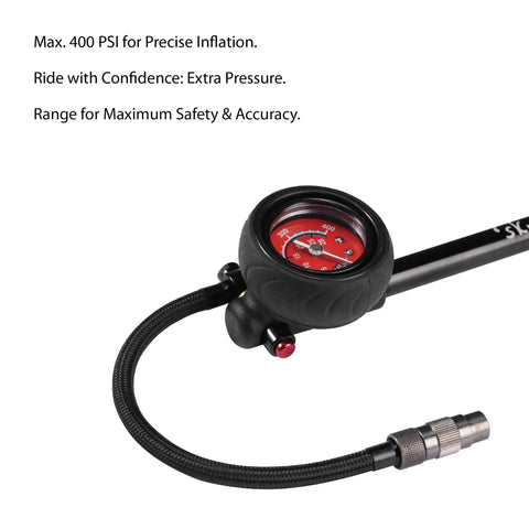 High Pressure Shock Pump With Gauge For Mountain Bikes 400 PSI Front Fork And Rear Shock Inflator, red gauge close-up