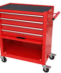 Red 4 Drawer Rolling Tool Cabinet With 4 Wheels And Parking Brakes 24.4 Inch Mobile Tool Chest With Ball Bearing Drawers For Garage Warehouse And Workshop Workhorse Heavy Duty Metal Storage Chest For Tools And Parts, front view