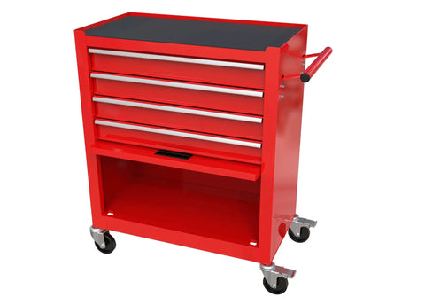 Red 4 Drawer Rolling Tool Cabinet With 4 Wheels And Parking Brakes 24.4 Inch Mobile Tool Chest With Ball Bearing Drawers For Garage Warehouse And Workshop Workhorse Heavy Duty Metal Storage Chest For Tools And Parts, front view