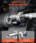 Close-up of Heavy Duty 8000 PSI Grease Gun Kit With Pistol Grip, 14 Oz Capacity, showcasing double seal and 6-claw coupler.