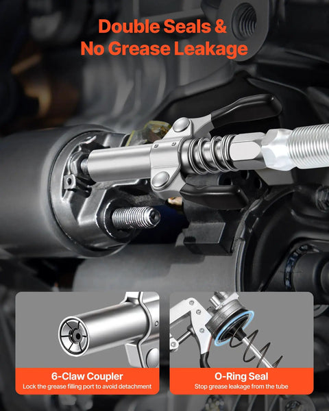 Close-up of Heavy Duty 8000 PSI Grease Gun Kit With Pistol Grip, 14 Oz Capacity, showcasing double seal and 6-claw coupler.