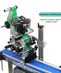 Close-up view of Automatic Flat Surface Labeling Machine With Built In Printer And Desktop Conveyor System For High Speed Precision Sticker Application Dead Simple Setup 110V, highlighting adjustable labeling height.