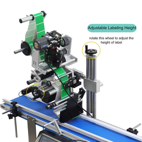 Close-up view of Automatic Flat Surface Labeling Machine With Built In Printer And Desktop Conveyor System For High Speed Precision Sticker Application Dead Simple Setup 110V, highlighting adjustable labeling height.
