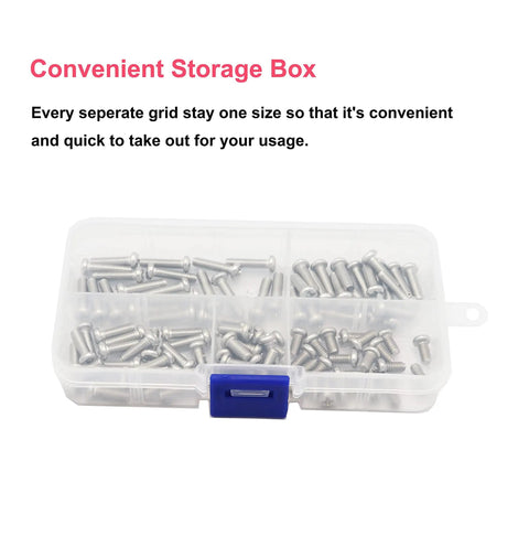 Heavy Duty 140 Piece M4 Machine Screw Assortment Kit Featuring Pan Head Phillips Drive Bolts In Top Notch 304 Stainless Steel in a storage box.