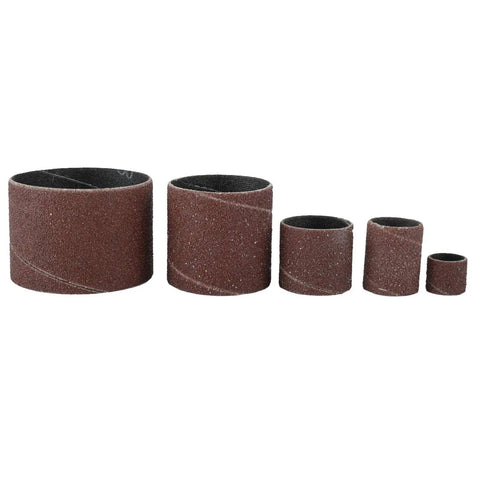 Heavy Hitter 25 Piece Sanding Drum Kit For Drills And Benchtop Presses With Five Mandrel Arbors And Twenty Coarse And Fine Grit Sanding Sleeves In A Tough Carry Case For No Sweat Wood Finishing, showing five sanding sleeves of varying sizes.