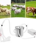 3L Electric Pulsation Milking Machine For Cows And Goats shown with milk bucket and tubing kit against farm backdrop