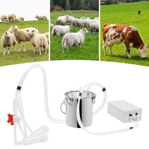 3L Electric Pulsation Milking Machine For Cows And Goats shown with milk bucket and tubing kit against farm backdrop