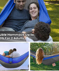 Family lounging in a blue double hammock suitable for two adults, showcased with various seating positions in an outdoor setting.