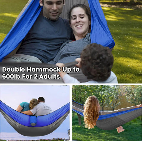 Family lounging in a blue double hammock suitable for two adults, showcased with various seating positions in an outdoor setting.
