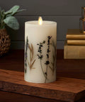 Realistic Moving Flame Pillar Candle With Lavender And Rosemary No Mess Flameless LED Battery Operated Light on wooden table