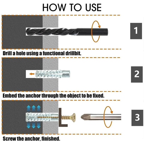 Heavy Duty Self Drilling Wall Anchor Bolts Set 200 Steel Expansion Tubes Self Tapping Screws Yellow Zinc Plated Carbon Steel For No Prep Install On Drywall Cabinets Shelves TV Mounts drilling steps