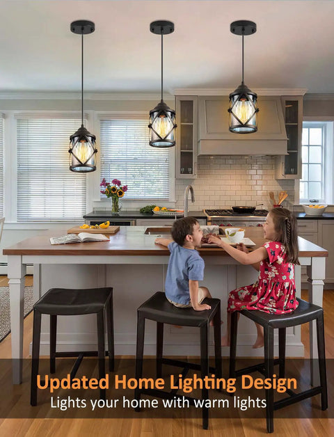 Black Pendant Lights For Kitchen Island With Glass Shades, Adjustable Hanging Ceiling Fixture in modern kitchen setting