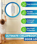 2 Pack Aluminum Front Door Locks For Security And Family Safety Built Tough Easy Install Child Proof Door Latch That Withstands 800 Lbs Of Force Tamper Proof Top Lock For Home shown on white door.