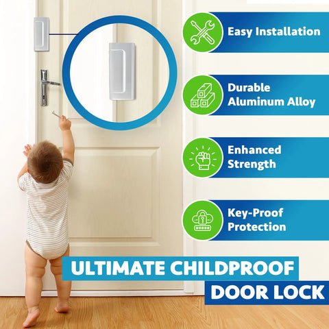 2 Pack Aluminum Front Door Locks For Security And Family Safety Built Tough Easy Install Child Proof Door Latch That Withstands 800 Lbs Of Force Tamper Proof Top Lock For Home shown on white door.