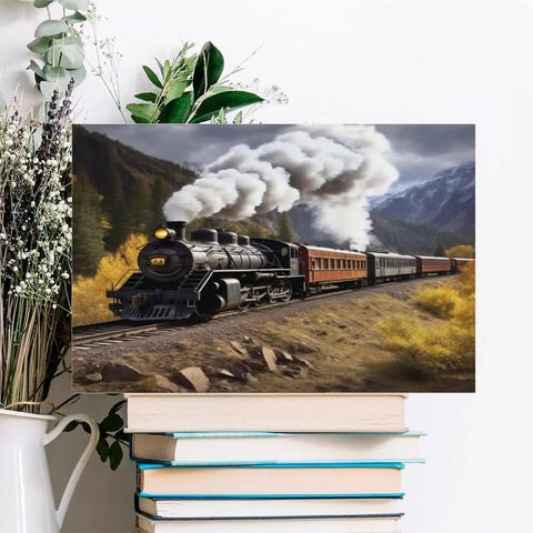 Steam Locomotive Train Canvas Wall Art for Living Room and Bedroom Decor, vintage landscape print with framed style.