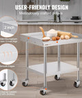 Stainless Steel Work Table 24 x 28 x 30 Inch With Four Casters And Three Sided Backsplash in a kitchen setting, showcasing user-friendly design.
