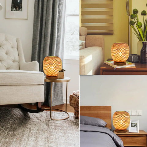 Dimmable Rattan Table Lamp with Bamboo Woven Shade on nightstand, providing warm glow in living room and bedroom settings.