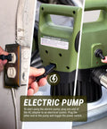 Heavy Duty Electric Drum Pump For 55 Gallon Barrels With Corrugated PE Discharge Hose And Easy Squeeze Nozzle Fast No Sweat Liquid Transfer At Seven Point Six GPM With Power Cable plugged into wall socket.