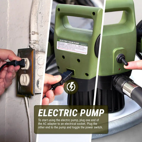 Heavy Duty Electric Drum Pump For 55 Gallon Barrels With Corrugated PE Discharge Hose And Easy Squeeze Nozzle Fast No Sweat Liquid Transfer At Seven Point Six GPM With Power Cable plugged into wall socket.
