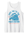 Vintage Steam Locomotive And Classic Railroad Lettering For Train Enthusiasts Pretty Damn Cool Yellowstone Road Trip Vibe Ultra Soft Cotton Tank Top With Killer Nostalgic Prints For Lazy Weekend Hangouts, white cotton tank with train graphic.