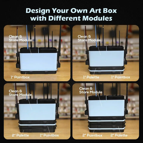 Portable All In One Modular Painting Station With Wet Palette, Brush Cleaners, Holders And Lid, shown in multiple setups.