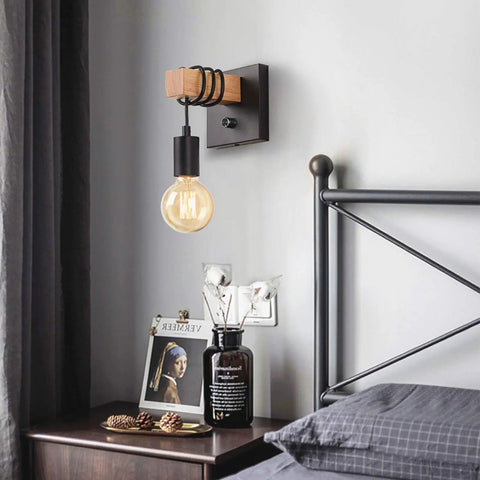 Dimmable Edison Style Black Wall Sconce With On Off Dimmer Switch, showcasing vintage charm in a bedroom setting on wood panel